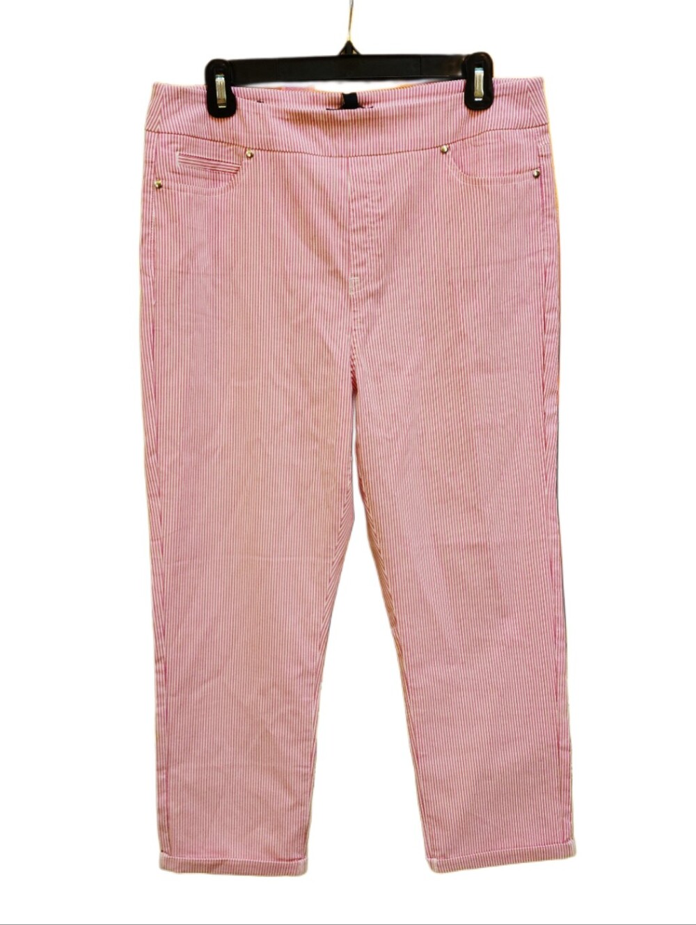 Mario Serrani Pink Striped Cropped Cuffed Tummy Panel Pull On Pants Size L NWT